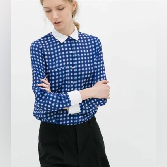 Zara Basic Blue White Checkered Plaid Pattern Button Down Satin Shirt size XS - Picture 1 of 12